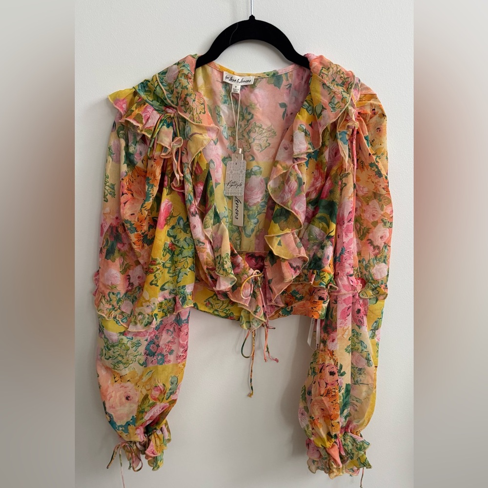For Love And Lemons Pink and Orange Ruffled Crop Blouse